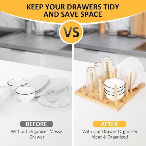 Peg Board Drawer Organizer for Kitchen, Organizers for Dishes, Plates, Bowls, 2 Boards & 12 Pegs for Cabinet Storage