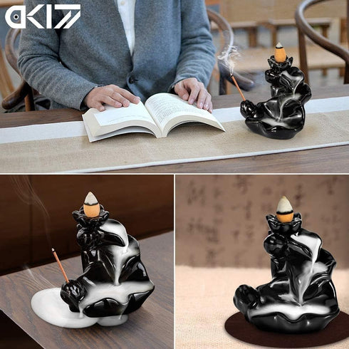 DK177 Waterfall Incense Holder, Backflow Cone Ceramic Burner with 20 Free Cones