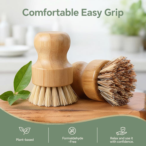 Waisul Set, 4 Pack, (2 2 Bamboo Dish Brush Plastic-Free Medium Sisal, Firm Coconut Coir), Dish Scrubber & Vegetable
