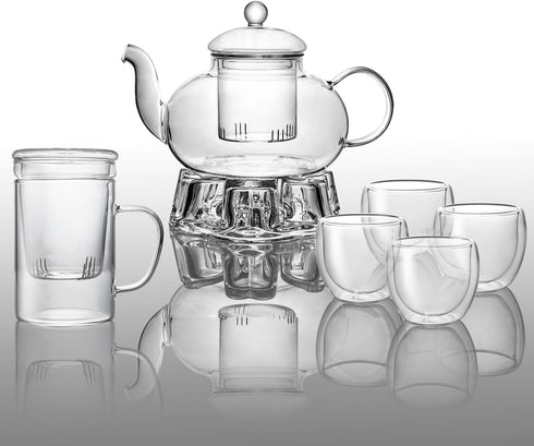 2-IN-1 Sets 4 Glass Tea for Adults - Includes Glass Teapot and Mug with Infuser, Warmer Base, Double Wall Glass Tea Cup