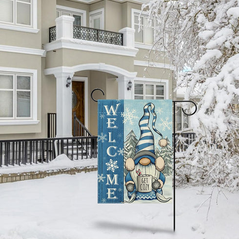Welcome Winter Gnome Decorative Garden Flag, Blue Christmas Holiday Seasonal Burlap, 12 x 18 Double Sided Yard Decor