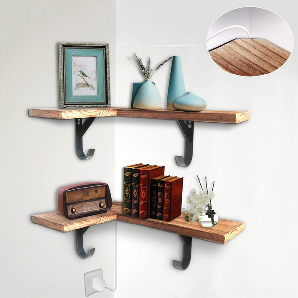 HAO Floating Corner Wall Shelves Rustic Wood Mounted Shelving L Shape Shelf