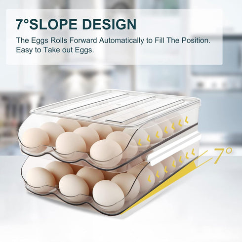 Egg Holder, Automatically Rolling Egg Storage Container for Refrigerator, Large Capacity Organizer with Lid, Clear
