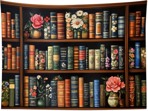 LB Decor,80Wx60L inch Retro Bookshelf Tapestry Wall Hanging Potted Plants With Pink Rose Floral Library Book Wall