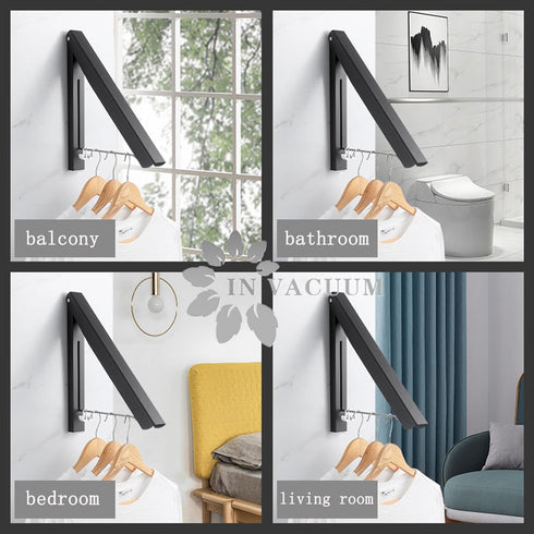IN VACUUM Clothes Drying Rack, Wall Mounted Retractable Clothes Hanger for Laundry Room, Black