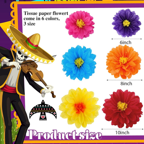 36 Pcs Mexican Paper Flowers Colorful Fiesta Tissue Paper Flowers Pom Poms Mexican Carnival Paper Flowers for Floral Party Backdrop Wedding Birthday Party Craft, 6" 8" 10"