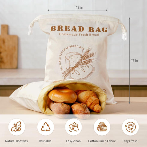 STOROGI 2 Pack 17x13 Inches loaf-2 Pack Beeswax Bread Bag, Sourdough Bread Bags for Homemade Bread, Bees Wax Wraps