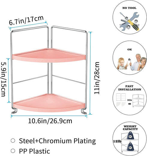 Kitchen Spice Rack, Freestanding Stackable Organizer Shelf, 2-Tier Bathroom Countertop Storage Shelf, Pink