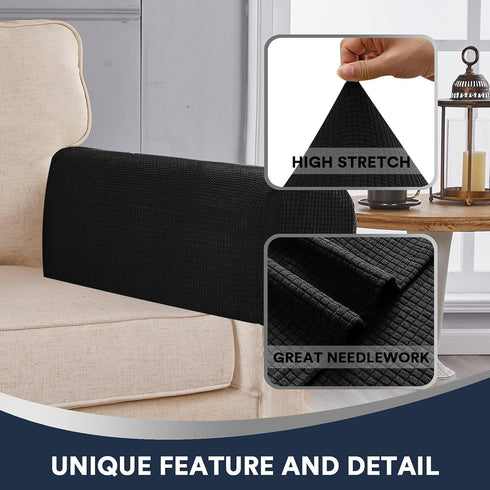 Stretch Sofa Arm Covers, Spandex Jacquard Anti-Slip Couch Armrest Protector, Set of 2, Black