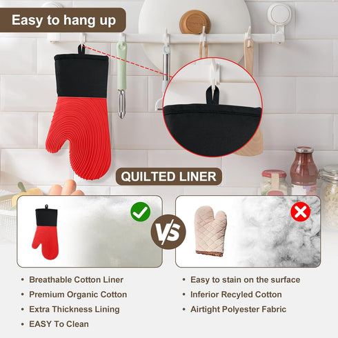 Silicone Oven Mitts - Red Heat Resistant 500F 13.6 in Waterproof Grippy Design for Cooking and Baking
