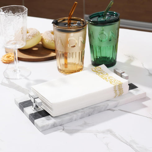 Guest Towel Holder Tray for Bathroom, Marble Guest Napkin Holder, Disposable Hand Towel Holder, White and Black