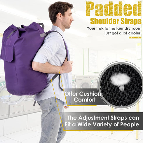 Extra Large Heavy Duty College Laundry Bag, Purple 115L Backpack with Handle and Drawstring Closure