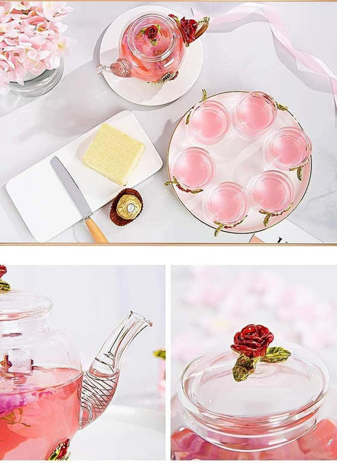 Creative Crystal Glass Teapot for Kung Fu Tea, Good Gift for Sister, Mom, Grandma, Red Rose