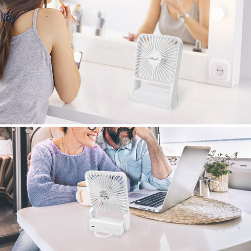 ELZO Small Desk Fan, 4000mAh Mini Foldable Travel Fan, Ultra-Quiet Battery Operated with 3 Speeds, 225° Tilt for Home,