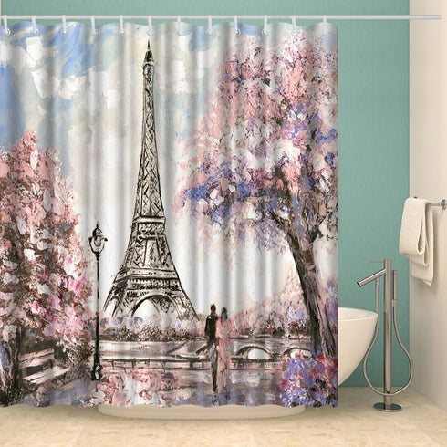 Paris Shower Curtain for Bathroom, Sakura Landscape Pink Romantic Waterproof Fabric 72x72 Inches with Hooks