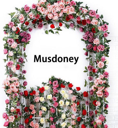 Musdoney 4Pcs 32.2 FT Fake Rose Vine Flowers, Artificial Flower Garland for Home, Wedding, Party Decor (Red)