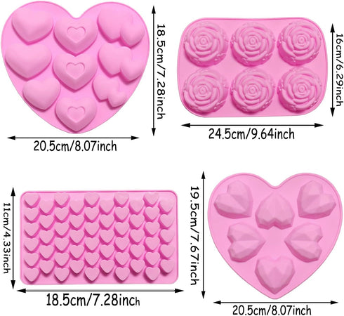 6PCS Diamond Heart Silicone Mold Valentines Day Rose Flower Chocolate Mold Heart Shape Mousse Cake Mold with 2 Liquid Dropper for Baking Candy Fondant Dessert Cupcake Pudding Jelly Decor
