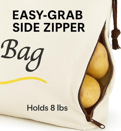 3 Pack Vegetable Storage Bags for Potatoes Onions Garlic, Drawstring with Side Zipper, Reusable Cotton Produce Bags
