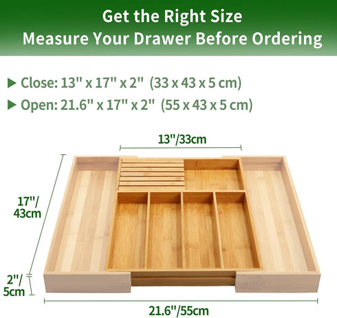 VaeFae Bamboo Silverware Drawer Organizer, Expandable Utensil Organizer with Knife Block, Cutlery Tray with Divider,