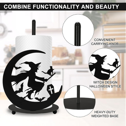 Halloween Paper Towel Holder, Black Witch Kitchen Decor Accessories for Home, Large Metal Stand for Countertop