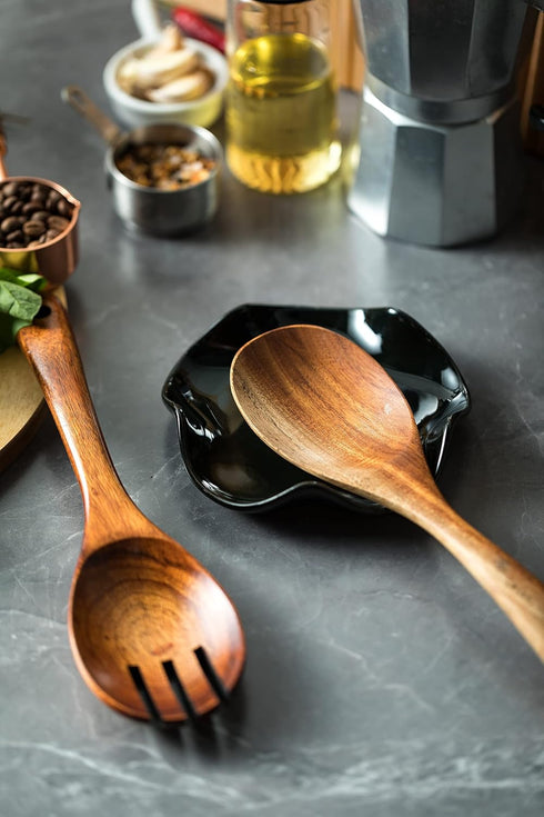 Cute Black Ceramic Spoon Rest for Kitchen Counter, 5.3" Spatula Holder for Multiple Utensils, Farmhouse Decor