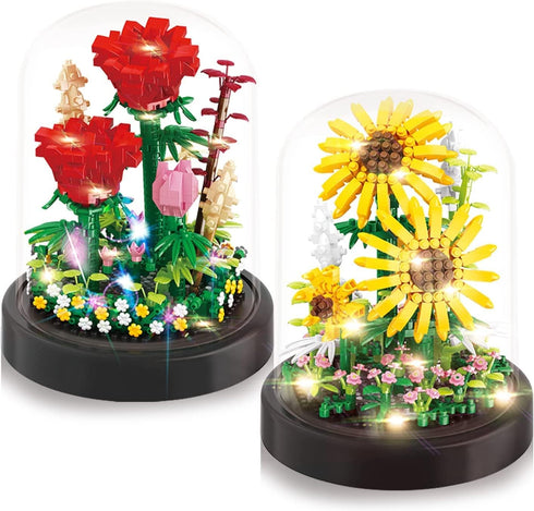 JESGO 2 Flowers Bouquet Sunflowers - Rose Building Kit, Creative Bonsai Tree Succulents