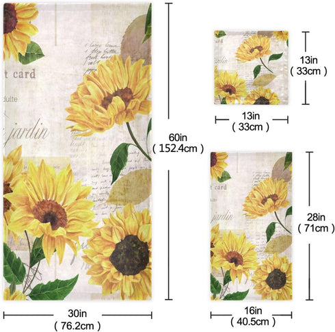 HATESAH Set,Soft Summer Set 3 Piece,1 Towel,1 Towel,1 Vintage Sunflower Bath Towels Highly Absorbent Yellow Floral