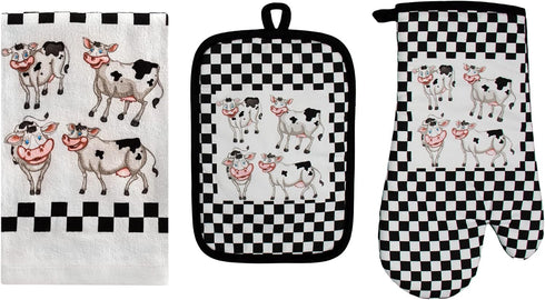 Oven Mitt and Potholder Kitchen Set, 3 Piece Laughing Cows Accessory, Waterproof Oven Glove and Tea Towel
