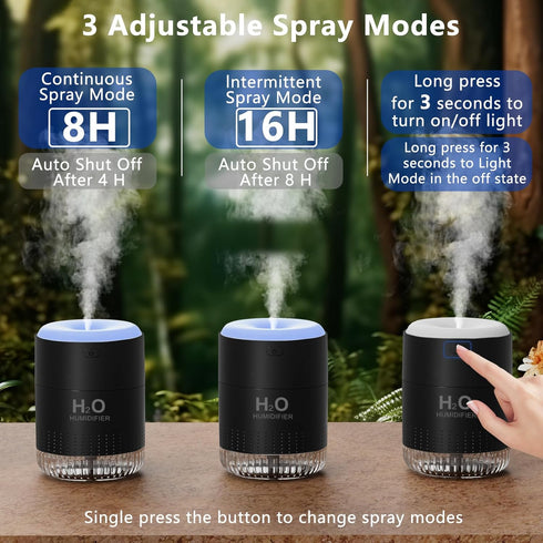 SZO Colorful Mini Humidifier, USB Rechargeable, 4 Modes Super Quiet, Suitable for Travel Office Family - Black