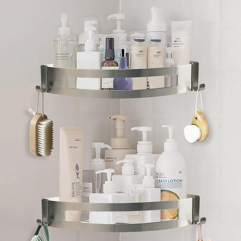 2 Pack, 304 2 NearMoon Bathroom Shower Caddy No Drill Stainless Steel Shower Organizer with Hooks (Corner Shelf