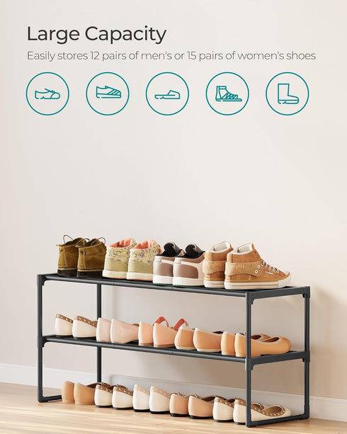 2-Tier 12-15 11.8 36.2 14.6 Inches, ULSA12BK SONGMICS Shoe Rack, Shoe Organizer, Metal Storage Shelf, Upright or Upside