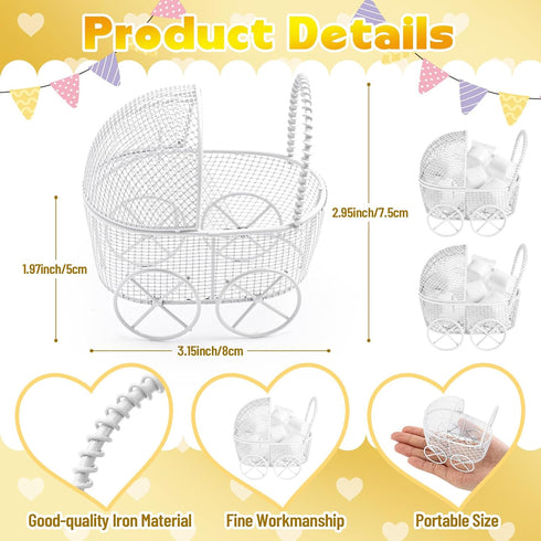 Threehoney 24 Pcs Baby Shower Mini Carriage Decoration White Goose Color Metal Wired Fillable Candy Stroller Baby