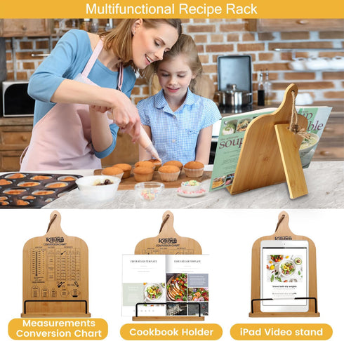 Bamboo Cookbook Stand for Kitchen Counter, Adjustable and Foldable Recipe Book Holder