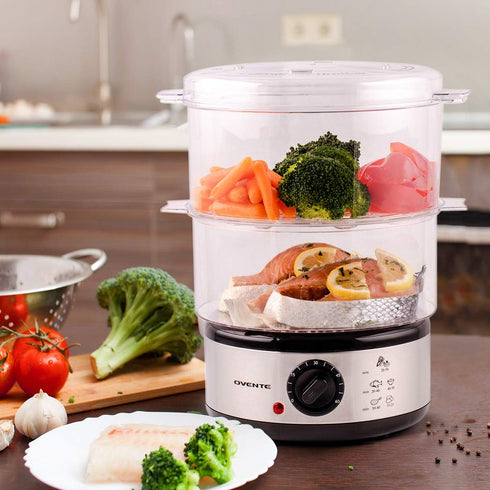 OVENTE 2 Tier Electric Food Steamer - Stainless Steel Base, Stackable Baskets, 400W with 60-Minute Timer