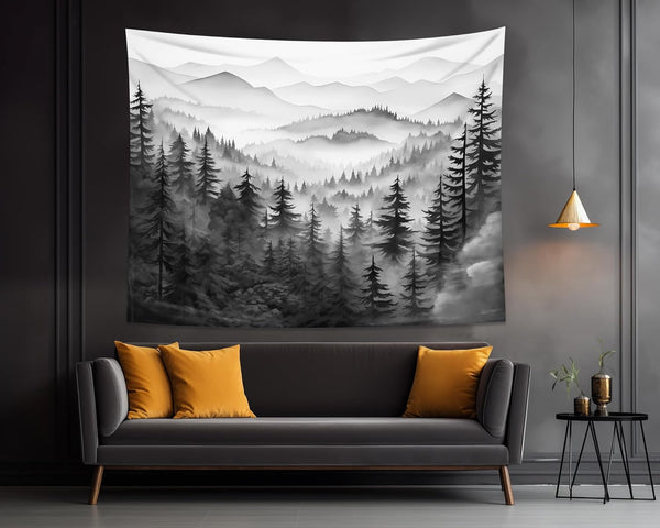 QGHOT Misty Forest Tapestry, Nature Mountain Wall Hanging Watercolor Landscape for Bedroom Aesthetic Home Decor Gift