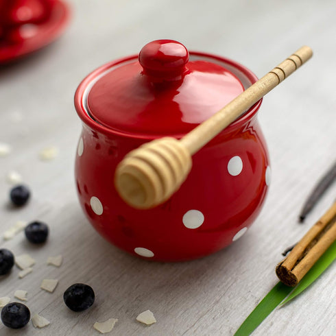 City to Cottage Ceramic Sugar Bowl with Lid, 10oz Sugar Container for Coffee Bar, Handcrafted Red Polka Dot