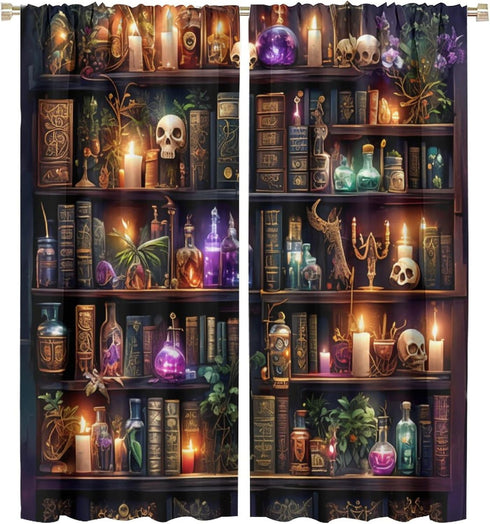Bookshelf Skull Blackout Curtains for Bedroom Living Room, Gothic Library Candles Book