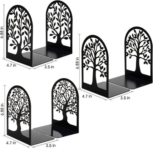 6.5 4.7 3.5 Inch(3 Pairs/6 HappyHapi Book Ends, Metal Bookends for Shelves Decorative, Tree Stopper for Heavy Books