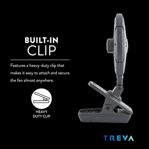 Treva 5 Inch Two Speed Battery & USB Powered Clip On Fan, Slim and Portable, Gray