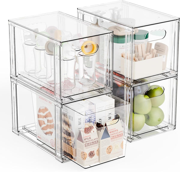 Yieach 4 Pack Large Stackable Storage Drawers,11Deep Under Cabinet Organizer,Baby Bottle Organizer,Clear Stacking