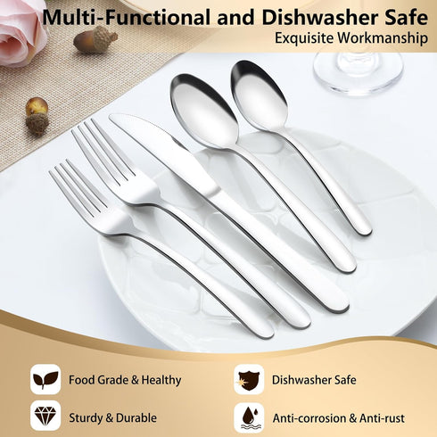 Pleafind 60-Pcs Premium Stainless Steel Silverware Set, Service for 12, Mirror Polished Forks, Spoons, Knives,
