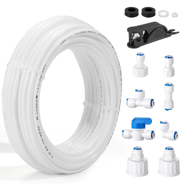 Professional 1/4" OD Tubing Water Line Kit for Refrigerator Ice Makers, 49.2 ft Kit for RO Water Systems with Fittings