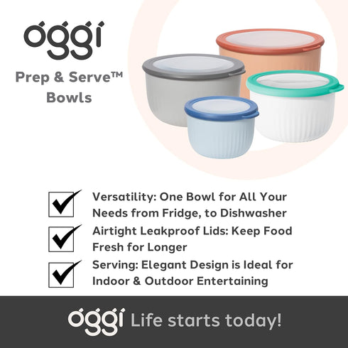 Oggi Prep, Store & Serve Plastic Bowl - 1.4 qt with See-Thru Lid, Dishwasher, Microwave & Freezer Safe, White/Aqua
