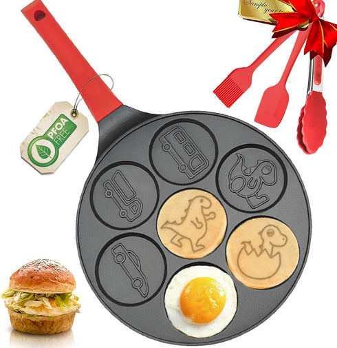 Dinosaur Egg Pan, Nonstick Omelet and Silver Dollar Pancake Maker, 7-Cups Car Truck Pancake Mold
