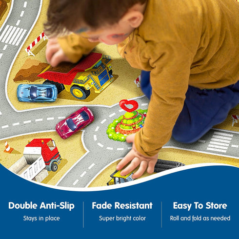 Booooom Jackson Kids Construction Site Play Rug Non-Slip Construction Vehicles Play Mat for Driving Toy Cars Daycare