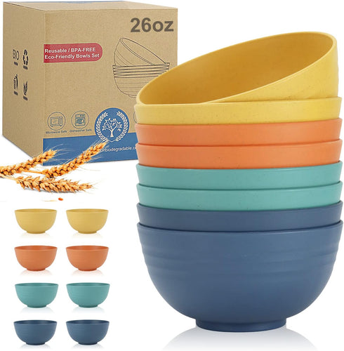 Wheat Straw Bowl Sets, 8 PCS Unbreakable 26 OZ Cereal Bowls, Microwave and Dishwasher Safe, BPA Free for Soup