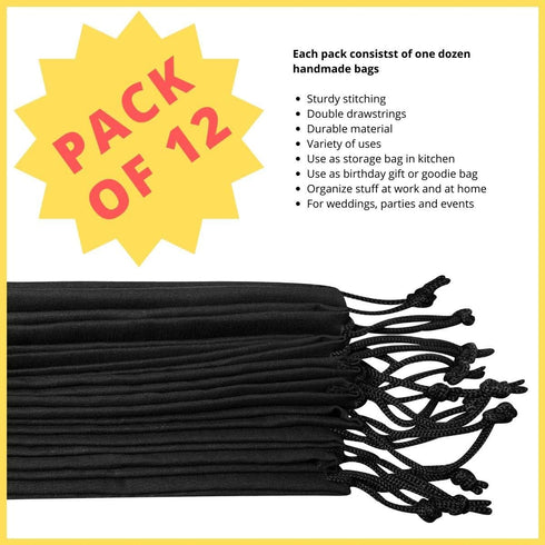 DR Black Cotton Drawstring Bags with Double String - 6 x 8 inch, 12 Pack for Pantry Gifts