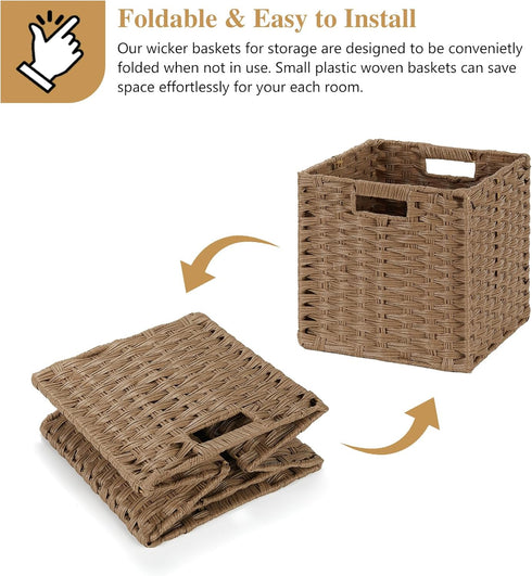 DULLEMELO Wicker Storage Baskets, 11x11 Cube Bins, Foldable Plastic Cubby Baskets Set of 2 for Organizing, Brown
