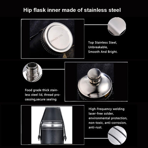 GENNISSY 10oz Black Bucket Hip Flask, PU Leather Stainless Steel, Liquor Flask with Funnel and Cups