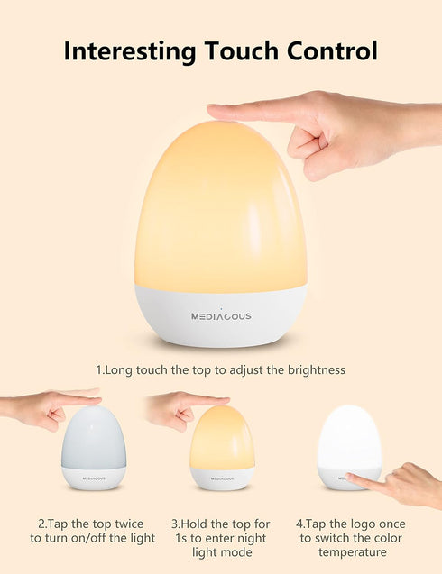 Dimmable 1H 200H MediAcous Night Lights for Kids Room, Egg Light for Nursery with Stable Charging Pad, Baby Night Light